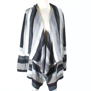 Collections Etc Color Block Open Cardigan Black Gray Off White Stripes Size XL